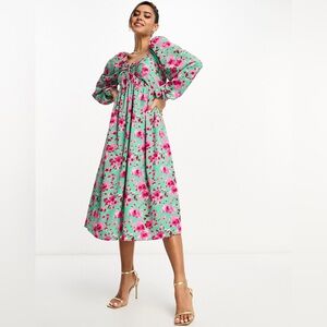 NWT Y.A.S tie front midi dress with balloon sleeves in green floral print